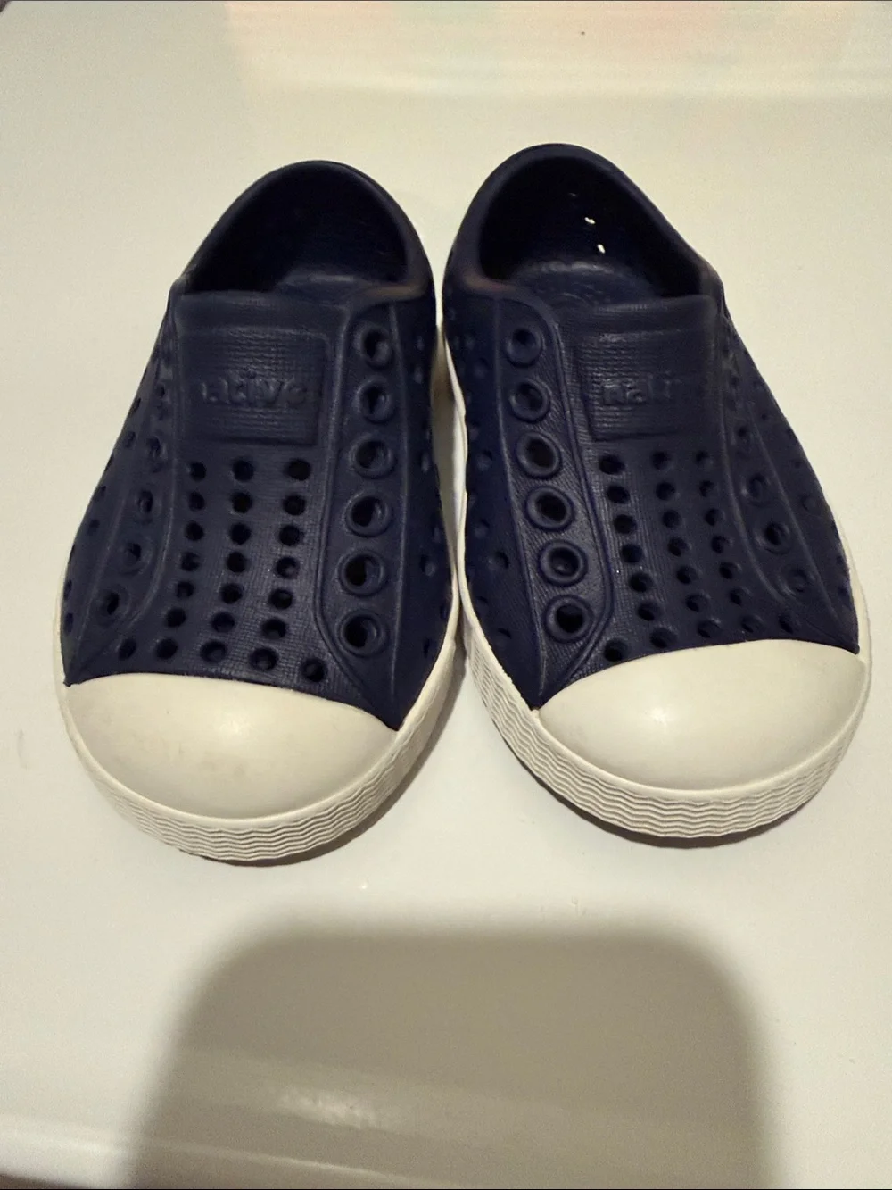 Native Slip-On Kids Water Shoes in Navy and White